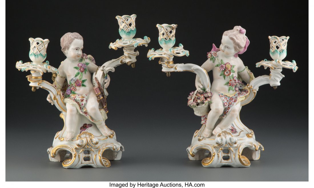 A Pair of Chelsea Figural Two-Light Porcelain Ca: A Pair of Chelsea Figural Two-Light Porcelain Candelabras, England, circa 1759-1769 Marks to both: (gold anchor) 12 x 11 inches (30.5 x 27.9 cm) (each) PROPERTY FROM A HOUSTON, TEXAS ESTATE HID0310106