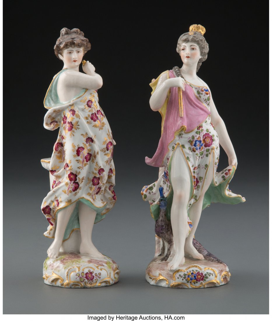 A Pair of Meissen Porcelain Figures, Germany, ea: A Pair of Meissen Porcelain Figures, Germany, early 19th century Marks: (crossed swords in underglaze blue), EC 7-3/4 x 3-1/8 x 2-3/4 inches (19.7 x 7.9 x 7.0 cm) (tallest, Hera) PROPERTY OF A HOUSTON