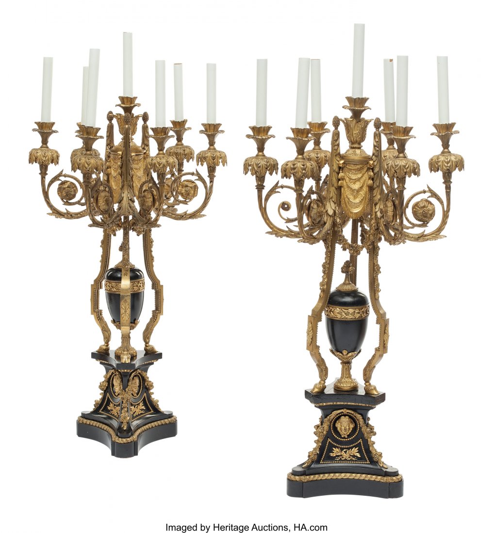 A Pair of Napoleon III Gilt Bronze and Marble Se: A Pair of Napoleon III Gilt Bronze and Marble Seven-Light Candelabras, 19th century 37 x 18 inches (94.0 x 45.7 cm) (each) HID03101062020 © 2020 Heritage Auctions | All Rights Reserved