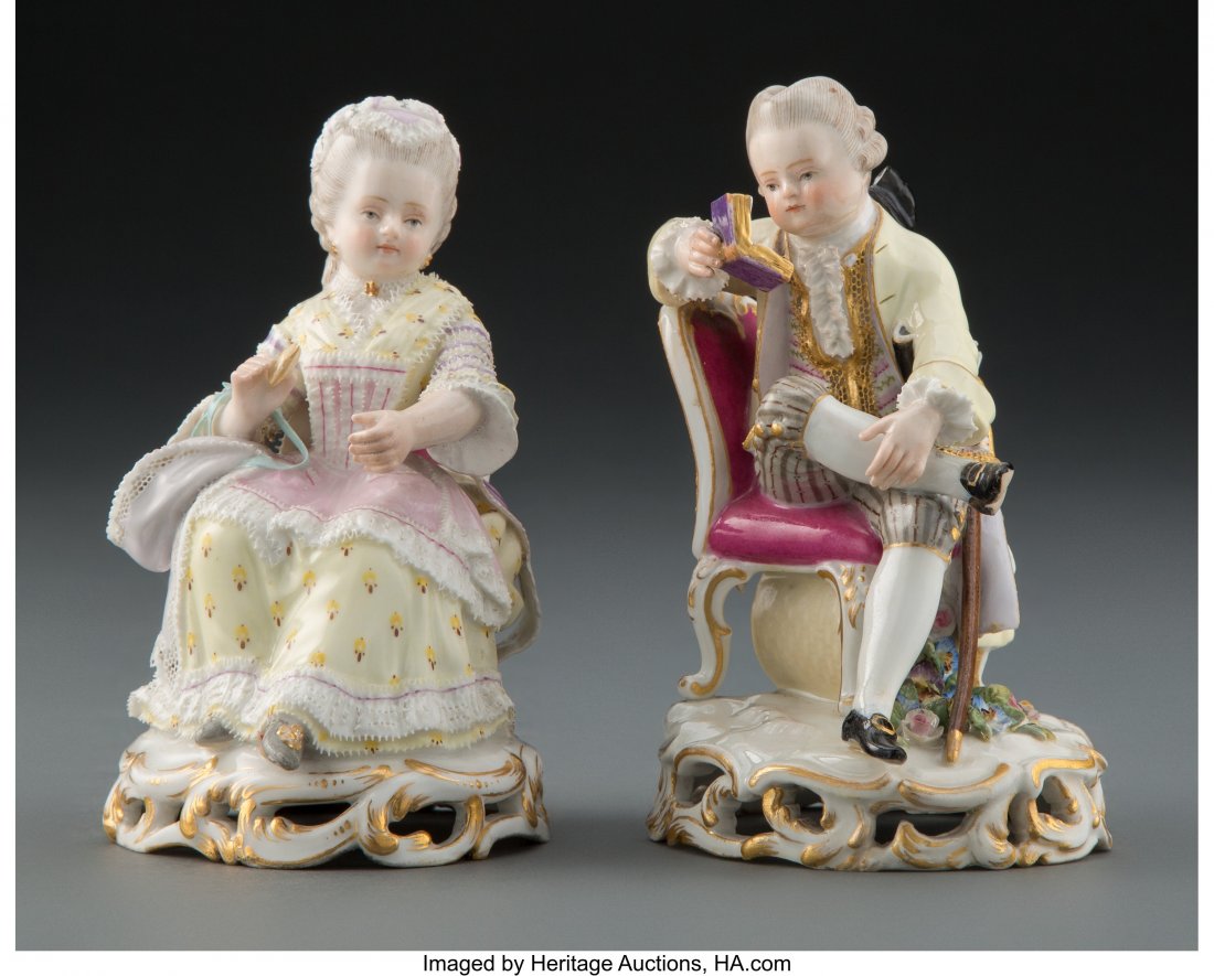 A Pair of Meissen Porcelain Figures, Germany, 18: A Pair of Meissen Porcelain Figures, Germany, 18th century Marks: (crossed swords), C28, 11 5 x 3-1/2 x 3 inches (12.7 x 8.9 x 7.6 cm) (tallest, male figure) PROPERTY FROM A HOUSTON, TEXAS ESTATE. The