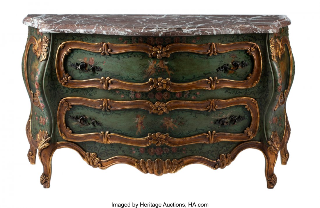 A Venetian-Style Painted and Partial Gilt Commod: A Venetian-Style Painted and Partial Gilt Commode with Marble Top 34-1/2 x 61 x 24 inches (87.6 x 154.9 x 61.0 cm) HID03101062020 © 2020 Heritage Auctions | All Rights Reserved