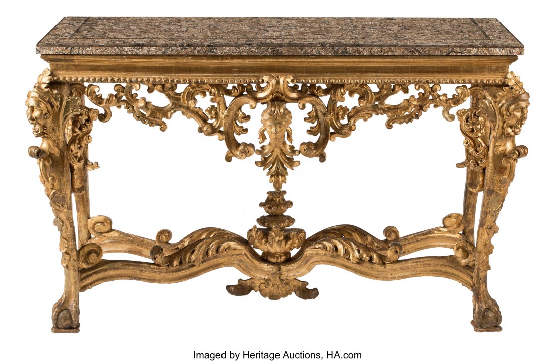 An Italian Carved Giltwood Console Table with Ma: An Italian Carved Giltwood Console Table with Marble Top, 18th century 39-1/2 x 63 x 24 inches (100.3 x 160.0 x 61.0 cm) HID03101062020 © 2020 Heritage Auctions | All Rights Reserved