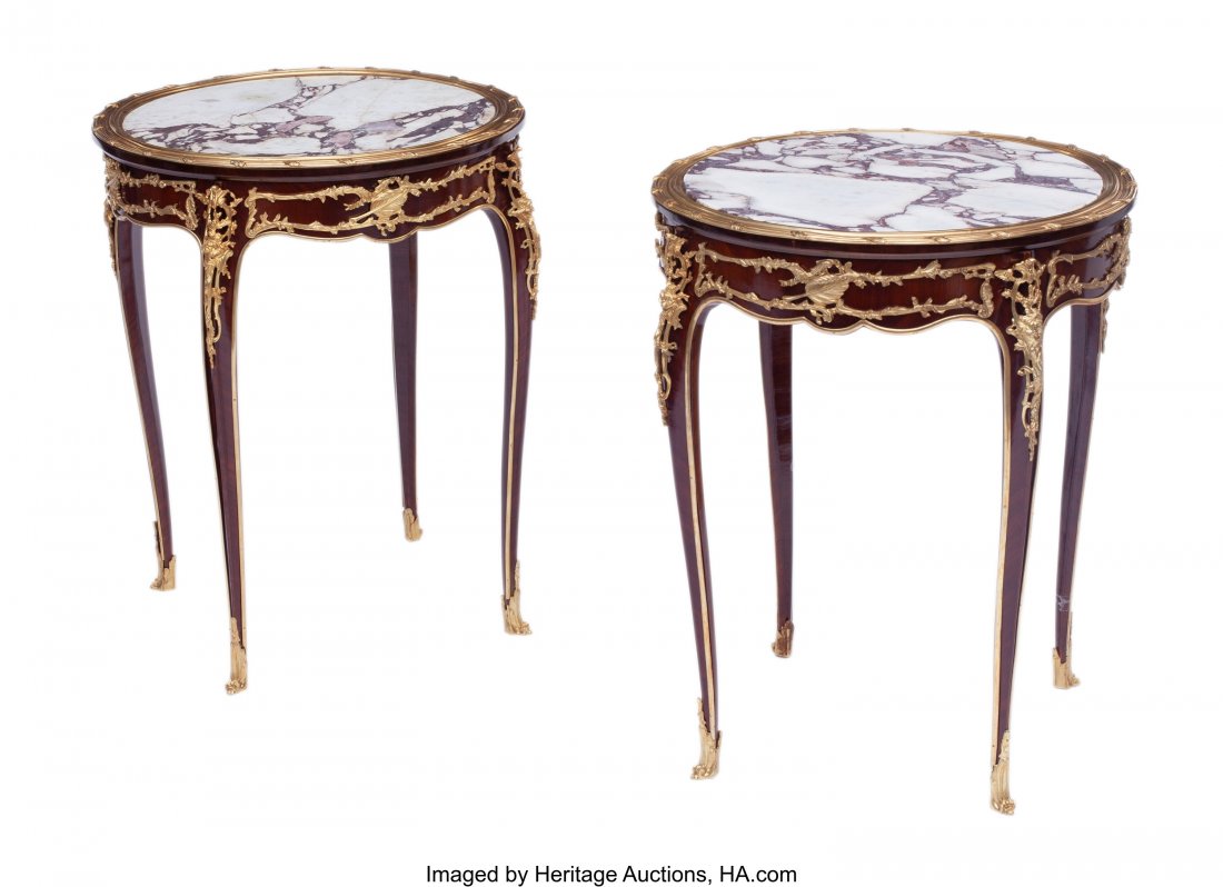 A Pair of French Louis XV-Style Gilt Bronze Moun: A Pair of French Louis XV-Style Gilt Bronze Mounted Gueridons 28 x 23 inches (71.1 x 58.4 cm) (each) HID03101062020 © 2020 Heritage Auctions | All Rights Reserved