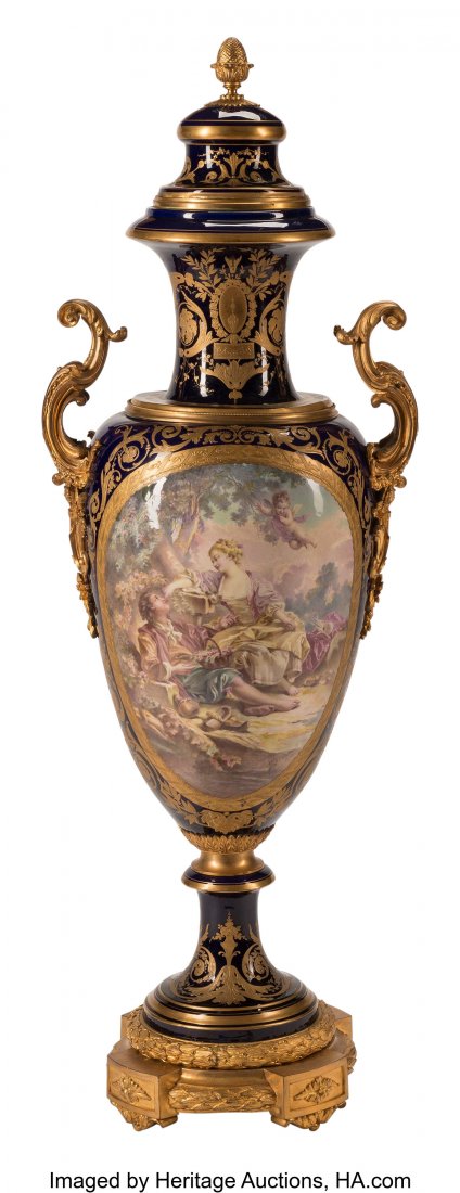 A French Sèvres-Style Gilt Bronze Mounted: A French Sèvres-Style Gilt Bronze Mounted Porcelain Covered Urn, 19th century Marks: (crossed L's in underglaze blue-D) Signed: Maxamt 54 x 19 x 15 inches (137.2 x 48.3 x 38.1 cm) HID03101062020© 20