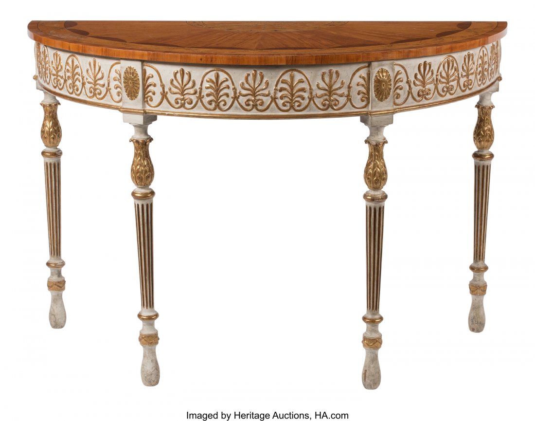 An Italian Neoclassical-Style Marquetry and Part: An Italian Neoclassical-Style Marquetry and Partial Gilt Demilune Console Table 32 x 47-1/2 x 23-1/2 inches (81.3 x 120.7 x 59.7 cm) HID03101062020 © 2020 Heritage Auctions | All Rights Reserved