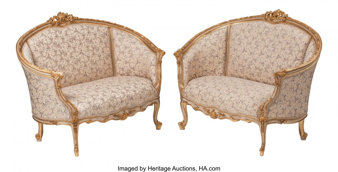 A Pair of Italian Louis XV-Style Carved Gilt and: A Pair of Italian Louis XV-Style Carved Gilt and Painted Wood Settees 38 x 52 x 27 inches (96.5 x 132.1 x 68.6 cm) (each) HID03101062020 © 2020 Heritage Auctions | All Rights Reserved
