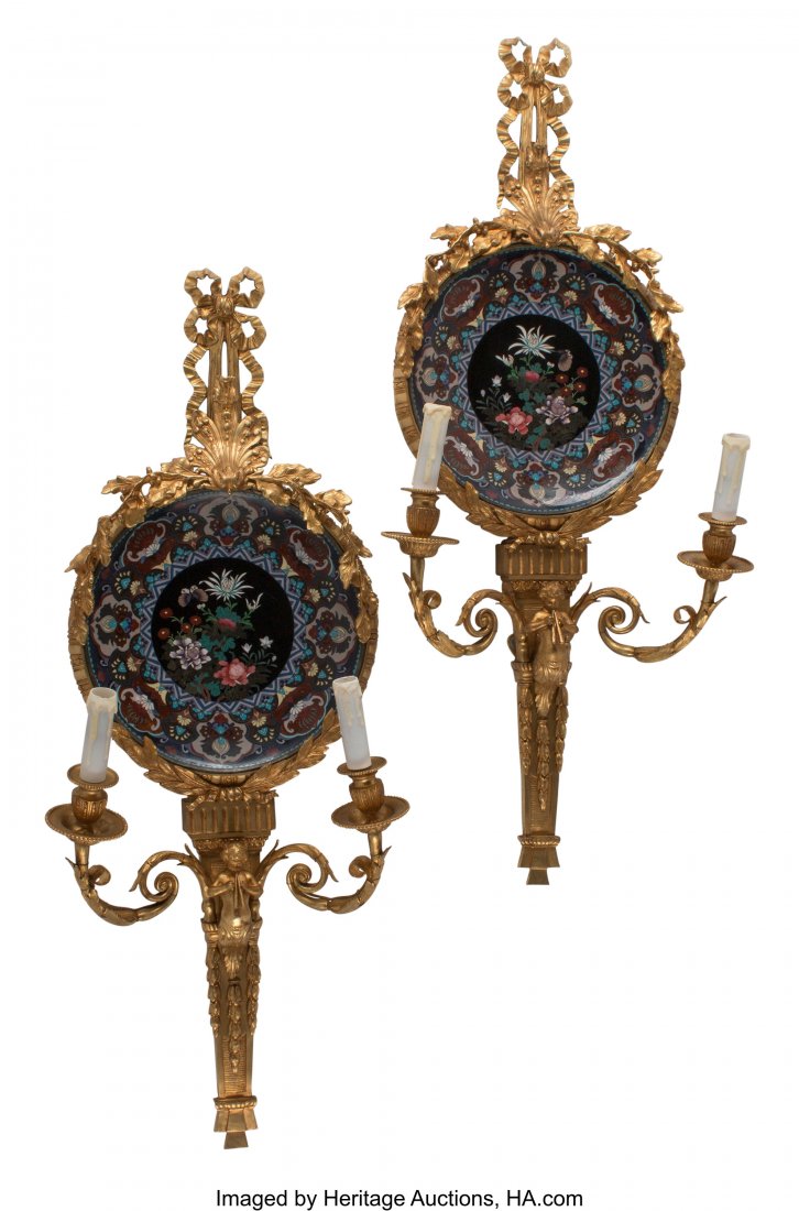 A Pair of Louis XVI-Style Gilt Bronze and Cloiso: A Pair of Louis XVI-Style Gilt Bronze and Cloisonné Enamel Two-Light Sconces, 19th century 38 x 17 x 5-1/2 inches (96.5 x 43.2 x 14.0 cm) (each) HID03101062020 © 2020 Heritage Auctions | A