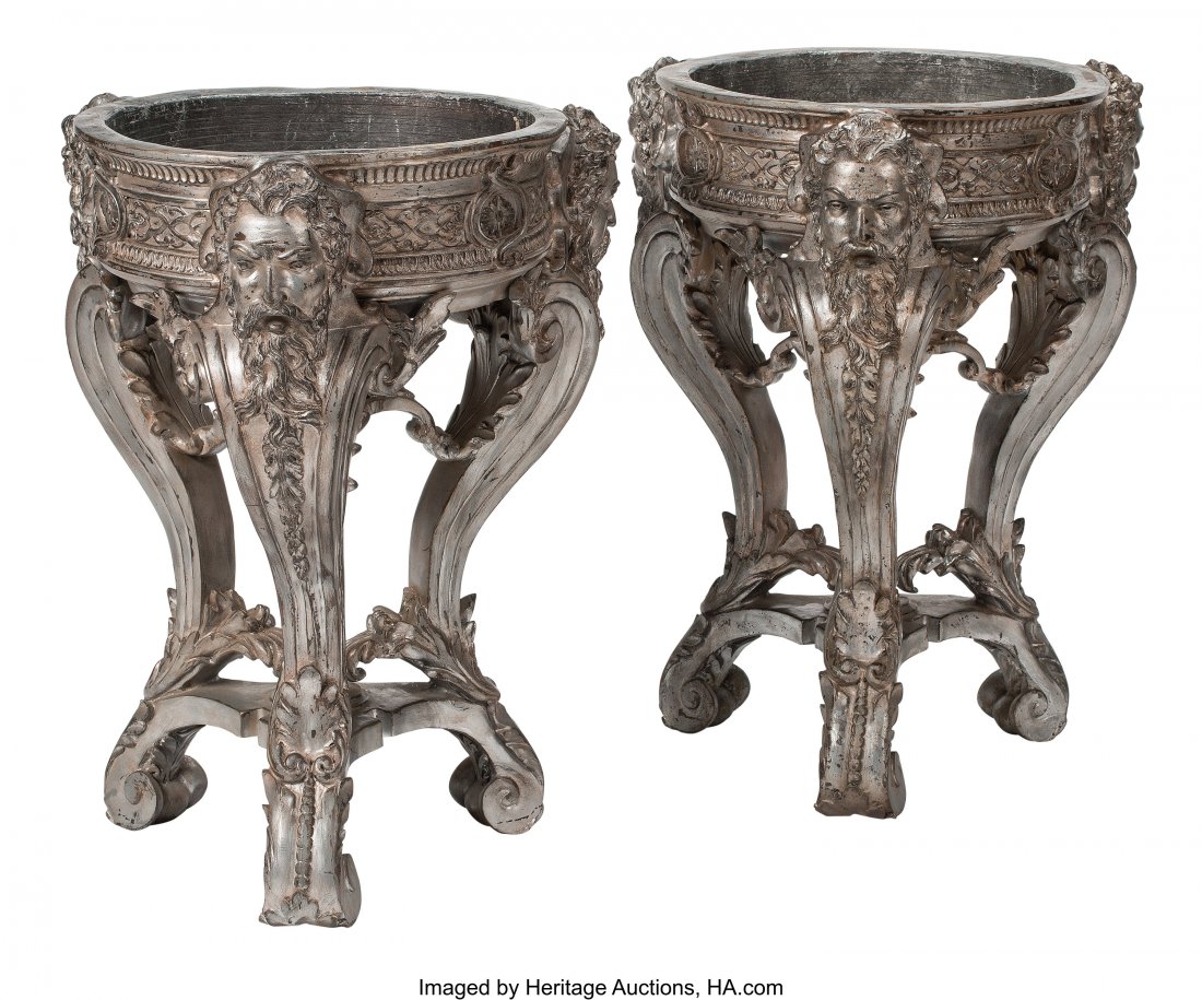 A Pair of French Regence-Style Silvered Carved W: A Pair of French Regence-Style Silvered Carved Wood Jardinière with Liners 31-1/2 x 23-1/2 x 23-1/2 inches (80.0 x 59.7 x 59.7 cm) (each) HID03101062020 © 2020 Heritage Auctions | All Righ