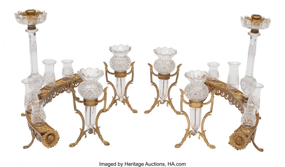 A Six-Piece Gilt Bronze and Cut-Glass Table Garn: A Six-Piece Gilt Bronze and Cut-Glass Table Garniture, late 19th century 11-1/2 x 17-1/2 x 4 inches (29.2 x 44.5 x 10.2 cm) (largest) HID03101062020 © 2020 Heritage Auctions | All Rights Reserved