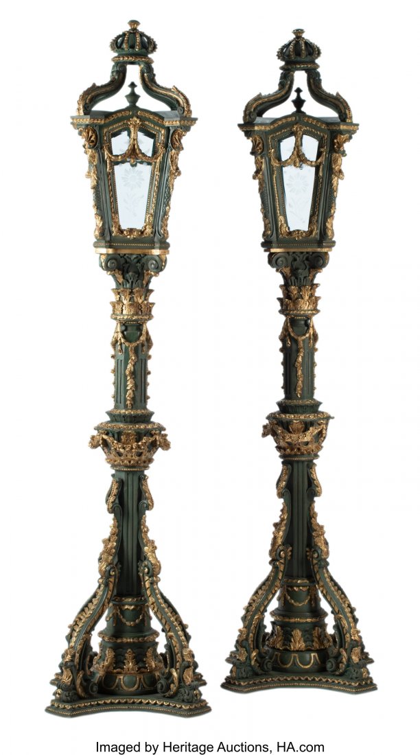 A Pair of Venetian Renaissance-Style Carved, Pai: A Pair of Venetian Renaissance-Style Carved, Painted and Partial Gilt Wood Floor Lanterns with Etched Glass Panels 109 x 27 x 27 inches (276.9 x 68.6 x 68.6 cm) (each) HID03101062020 © 2020 Herit