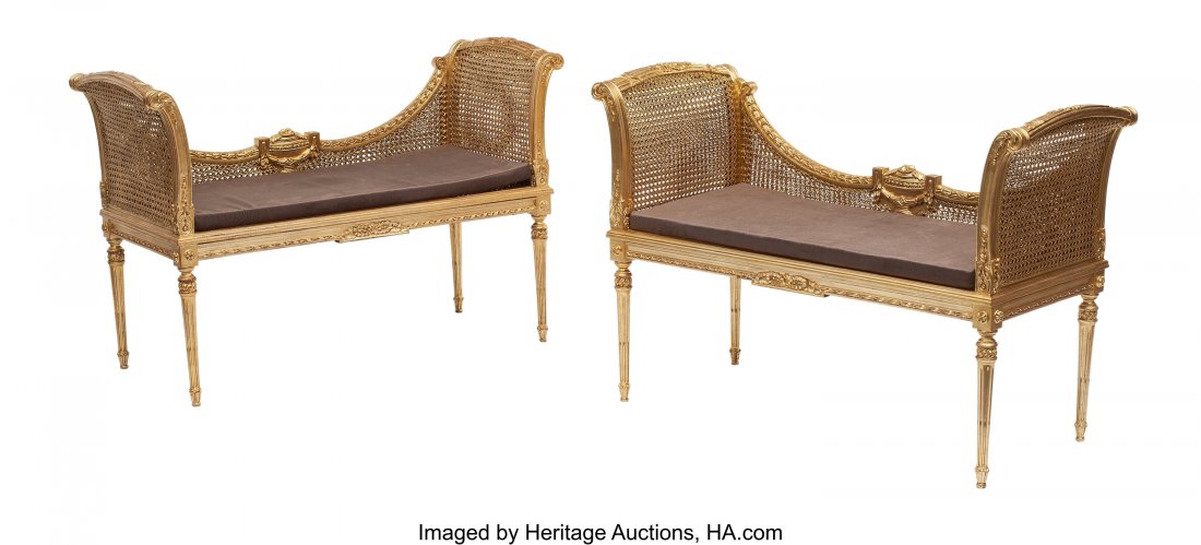 A Pair of Small French Louis XVI-Style Carved Wo: A Pair of Small French Louis XVI-Style Carved Wood and Caned Benches 33 x 48 x 20 inches (83.8 x 121.9 x 50.8 cm) (each) HID03101062020 © 2020 Heritage Auctions | All Rights Reserved