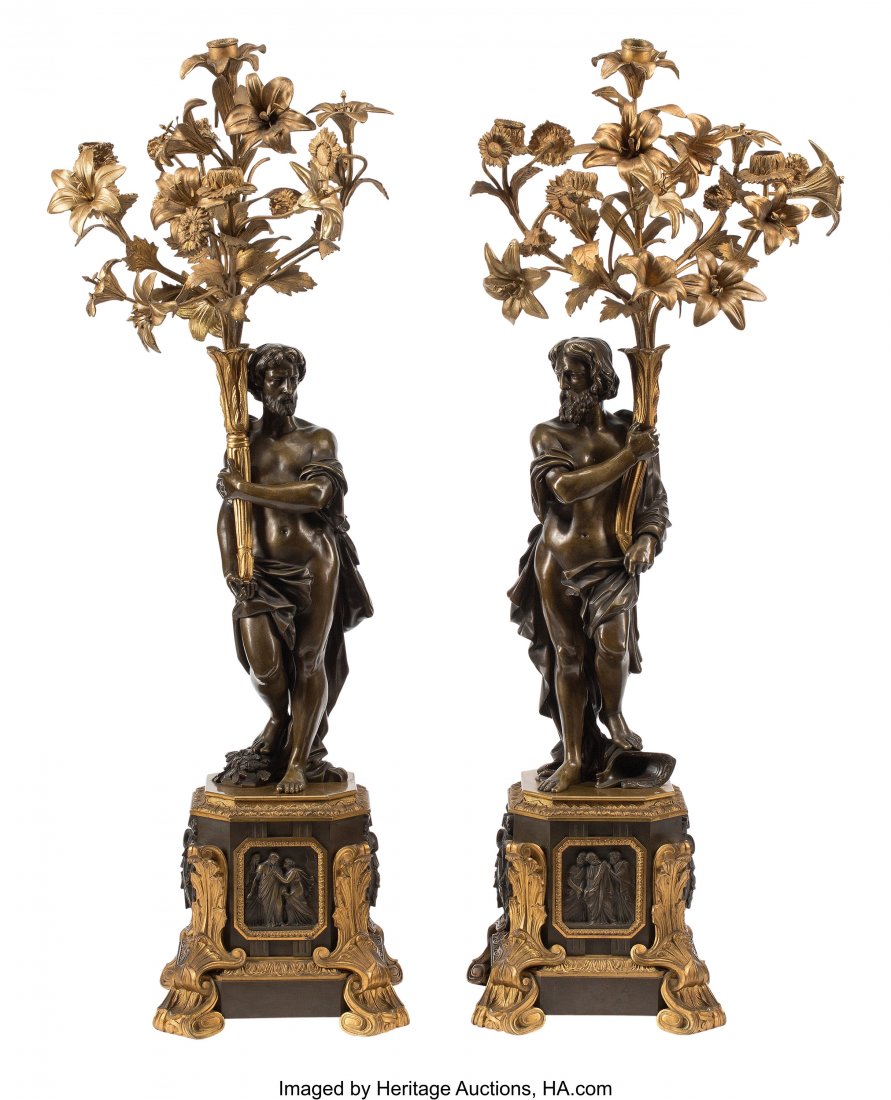 A Pair of Napoleon III Gilt and Patinated Bronze: A Pair of Napoleon III Gilt and Patinated Bronze Figural Candelabras, 19th century 35 x 12-1/2 x 12-1/2 inches (88.9 x 31.8 x 31.8 cm) (each) HID03101062020 © 2020 Heritage Auctions | All Rights 