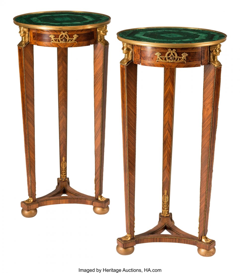 A Pair of French Empire-Style Gilt Bronze Mounte: A Pair of French Empire-Style Gilt Bronze Mounted Tables with Malachite Tops 34 x 16-1/2 inches (86.4 x 41.9 cm) (each) HID03101062020 © 2020 Heritage Auctions | All Rights Reserved