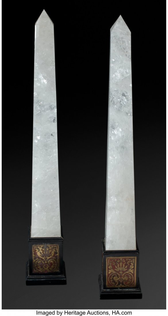 A Pair of Monumental Rock Crystal Obelisks on Eb: A Pair of Monumental Rock Crystal Obelisks on Ebonized Boulle Bases 33-1/2 x 4-1/4 x 4-1/4 inches (85.1 x 10.8 x 10.8 cm) (obelisks, each) 7-1/2 x 6 x 6 inches (19.1 x 15.2 x 15.2 cm) (bases, each) HI