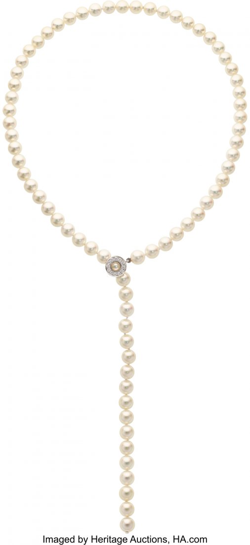 Cultured Pearl, Diamond, White Gold Necklace, Mi: Cultured Pearl, Diamond, White Gold Necklace, Mikimoto The necklace is composed of cultured pearls measuring 7.00 - 7.50 mm, forming a single knotted strand, completed by an 18k white gold clasp accen
