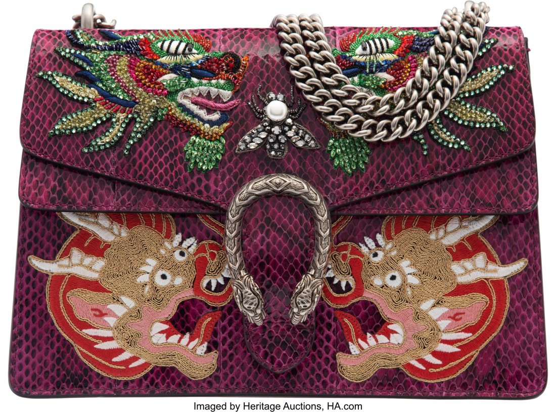 Gucci Purple Snakeskin Embroidered Dragon Medium: Gucci Purple Snakeskin Embroidered Dragon Medium Dionysus Bag Condition: 1 12" Width x 8.5" Height x 4" Depth This bag is done in purple snakeskin with aged silver hardware, featuring a rear slide poc