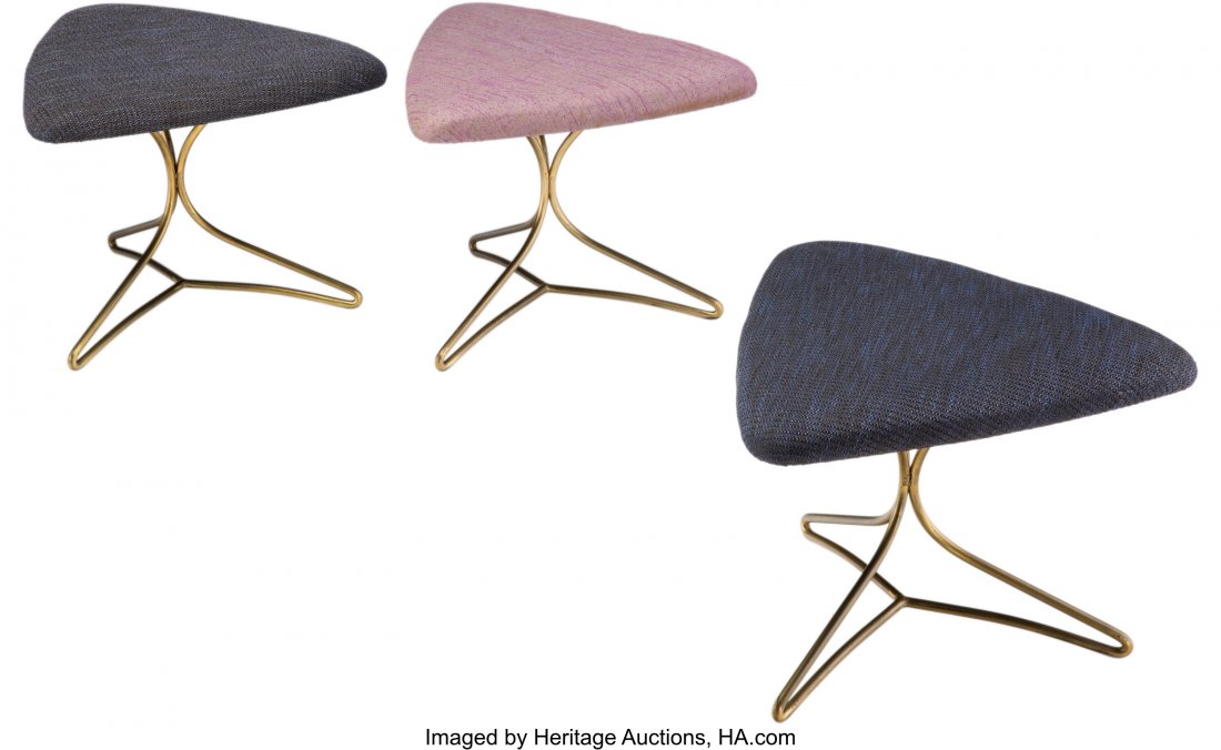 Vladimir Kagan (American, 1927-2016) Three Stool: Vladimir Kagan (American, 1927-2016) Three Stools, circa 1970 Brass, upholstery 16 x 19-1/2 x 20-1/2 inches (40.6 x 49.5 x 52.1 cm) PROPERTY FROM A PRIVATE COLLECTION, NEW YORK AND DALLAS PROVENANCE: 