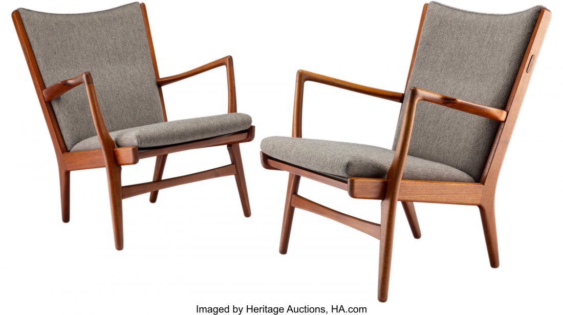 Hans J. Wegner (Danish, 1914-2007) Pair of Loung: Hans J. Wegner (Danish, 1914-2007) Pair of Lounge Chairs, circa 1950 Teak, upholstery 25 x 26 x 28 inches (63.5 x 66.0 x 71.1 cm) PROVENANCE: Wyeth, New York HID03101062020 © 2020 Heritage Auctio