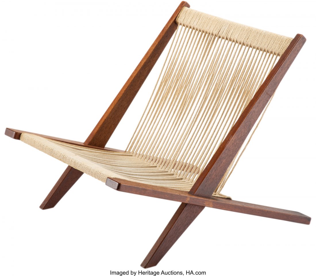 Poul Kjaerholm (Danish, 1929-1980) and Jø: Poul Kjaerholm (Danish, 1929-1980) and Jørgen Høj (Danish, 1925-1994) Early Trestle Chair, circa 1952 Teak, flag halyard 25-1/2 x 26 x 33 inches (64.8 x 66.0 x 83.8 cm) Debossed 1062 PRO