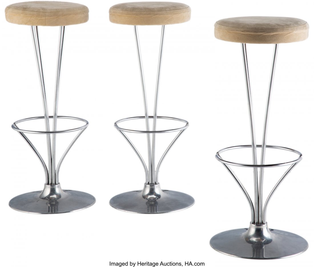 Piet Hein (Danish, 1905-1996) Three Barstools, d: Piet Hein (Danish, 1905-1996) Three Barstools, designed 1968, Fritz Hansen Aluminum, chrome-plated steel, suede 31-1/4 x 13-3/4 x 13-3/4 inches (79.4 x 34.9 x 34.9 cm) (each) PROVENANCE: Wyeth, New Yo