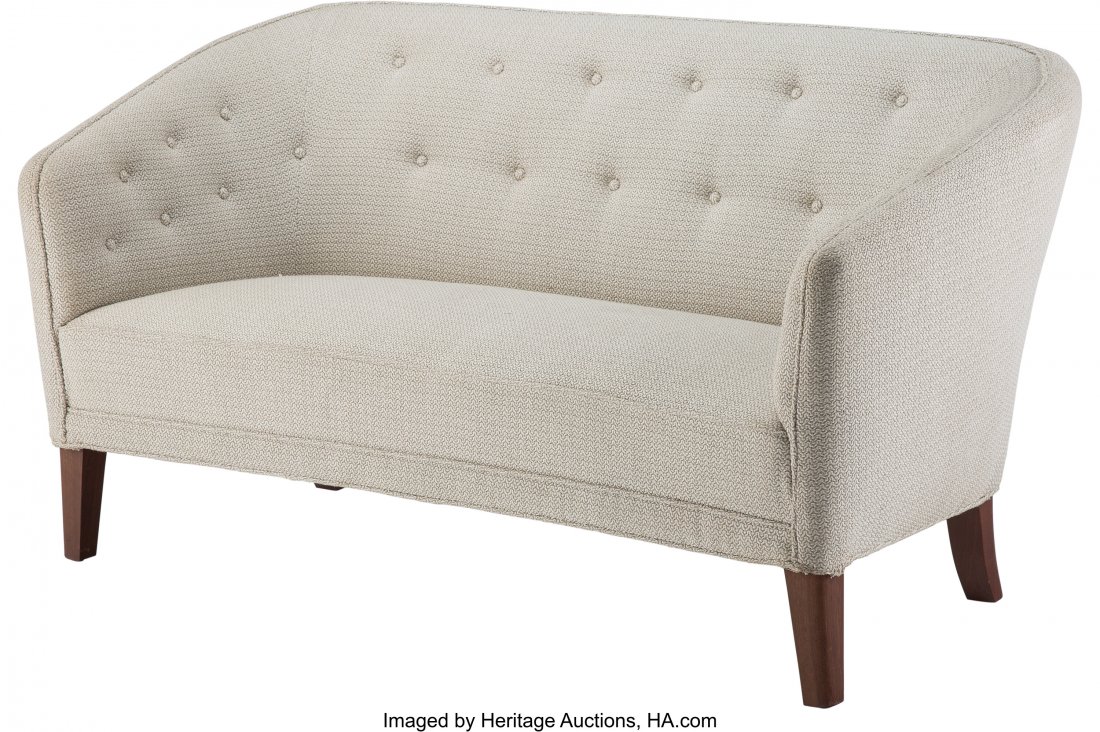Ludvig Pontopiddan (Danish, 1899-1965) Settee, c: Ludvig Pontopiddan (Danish, 1899-1965) Settee, circa 1955 Upholstery, wood 29 x 60 x 28 inches (73.7 x 152.4 x 71.1 cm) PROVENANCE: Wyeth, New York. HID03101062020 © 2020 Heritage Auctions | All 