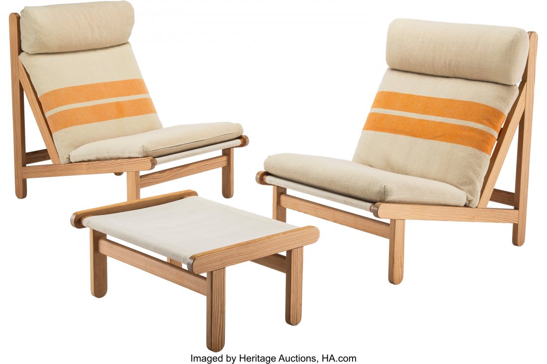 Bernt Petersen (Danish, 1937-2017) Pair of Rag L: Bernt Petersen (Danish, 1937-2017) Pair of Rag Lounge Chairs and Ottoman, circa 1965, Worts Mobler Oak and hemp linen 33-3/4 x 34-1/4 x 25-1/4 inches (85.7 x 87.0 x 64.1 cm) (largest, chairs, each) DA