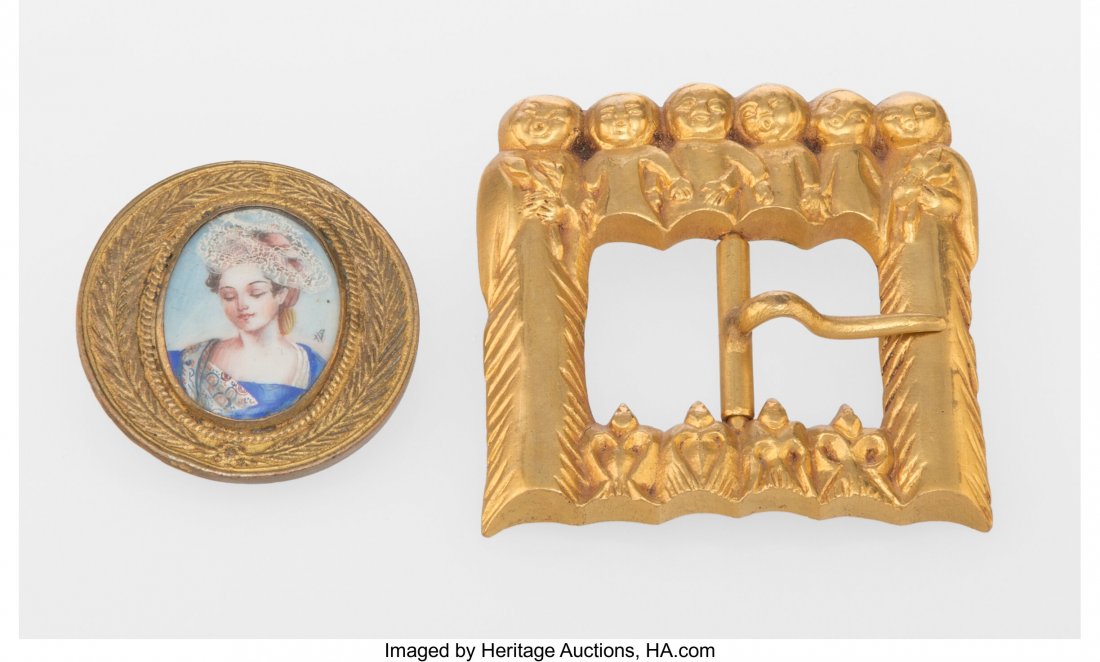 Line Vautrin (French, 1913-1997) The Chorus of A: Line Vautrin (French, 1913-1997) The Chorus of Angels Belt Buckle and Brooch, circa 1945 Gilt bronze 2-1/2 x 2-1/2 inches (6.4 x 6.4 cm) (largest, belt buckle) Impressed to reverse LINE VAUTRIN PROVEN