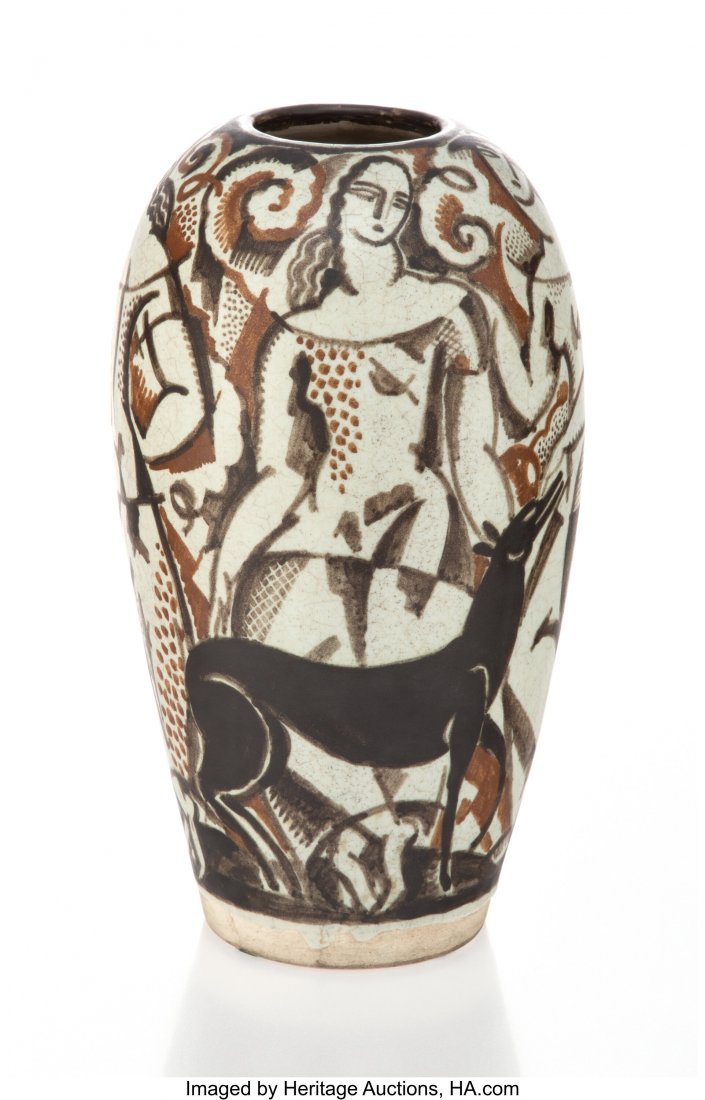 René Buthaud (French, 1886-1986) Importan: René Buthaud (French, 1886-1986) Important Vase, circa 1925 Glazed earthenware 15-1/4 x 7-1/2 x 7-1/2 inches (38.7 x 19.1 x 19.1 cm) Painted monogram to underside RB PROVENANCE: Jean-Claud Brugnot, P