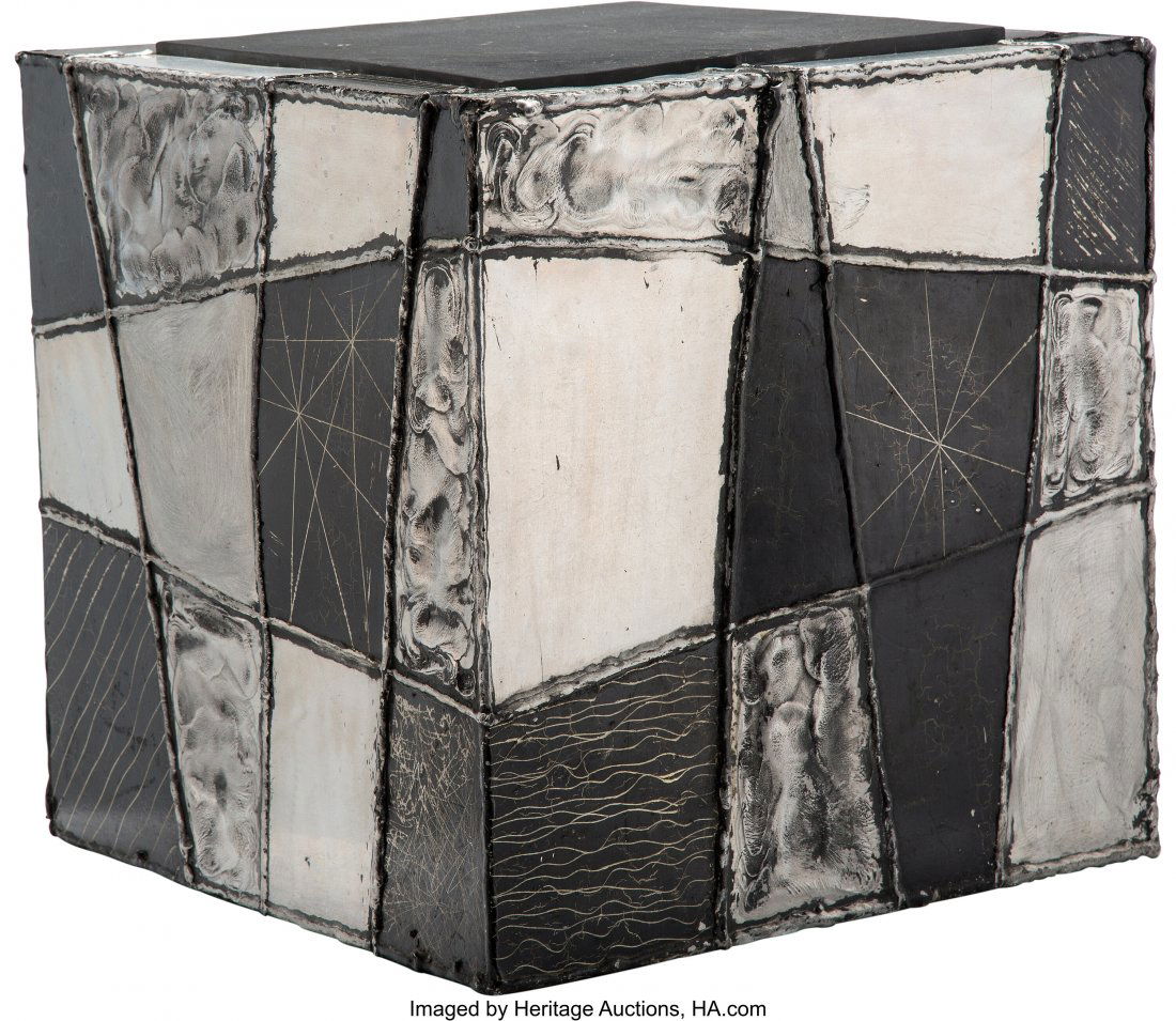 Paul Evans (American , 1931-1987) Argente Cube,: Paul Evans (American , 1931-1987) Argente Cube, circa 1967 Welded and patinated aluminum, slate 15-3/4 x 15-3/4 x 15-3/4 inches (40.0 x 40.0 x 40.0 cm) Signed PAUL EVANS, 67, P HID03101062020 © 2