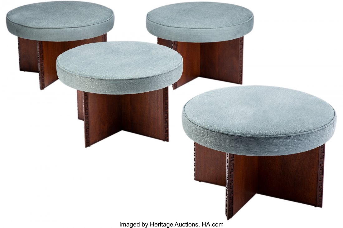Frank Lloyd Wright (American, 1867-1959) Four Ta: Frank Lloyd Wright (American, 1867-1959) Four Taliesin Stools, circa 1955, Henredon Mahogany, upholstery 16 x 26 inches (40.6 x 66.0 cm) In a career that spanned over sixty years, Frank Lloyd Wright&r