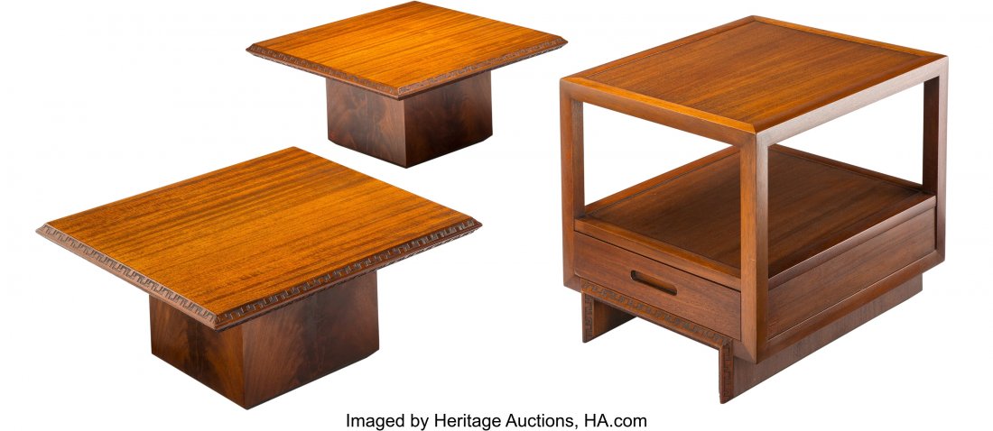 Frank Lloyd Wright (American, 1867-1959) Taliesi: Frank Lloyd Wright (American, 1867-1959) Taliesin Nightstand and Pair of Side Tables, circa 1950, Henredon Mahogany 12-1/2 x 26-1/2 x 26-1/2 inches (31.8 x 67.3 x 67.3 cm) (each, table) 22-3/4 x 21 x