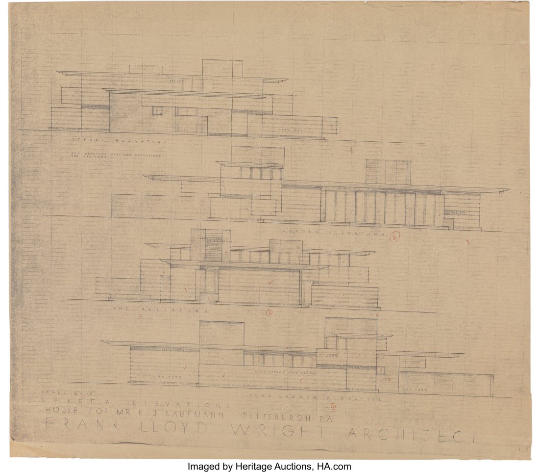 Frank Lloyd Wright (American, 1867-1959) Plans f: Frank Lloyd Wright (American, 1867-1959) Plans for the Mr. & Mrs. E. J. Kaufmann Residence, Pittsburgh, Pennsylvania (eight sheets), 1941 Diazotype on paper 30-1/2 x 36 inches (77.5 x 91.4 cm) PRO