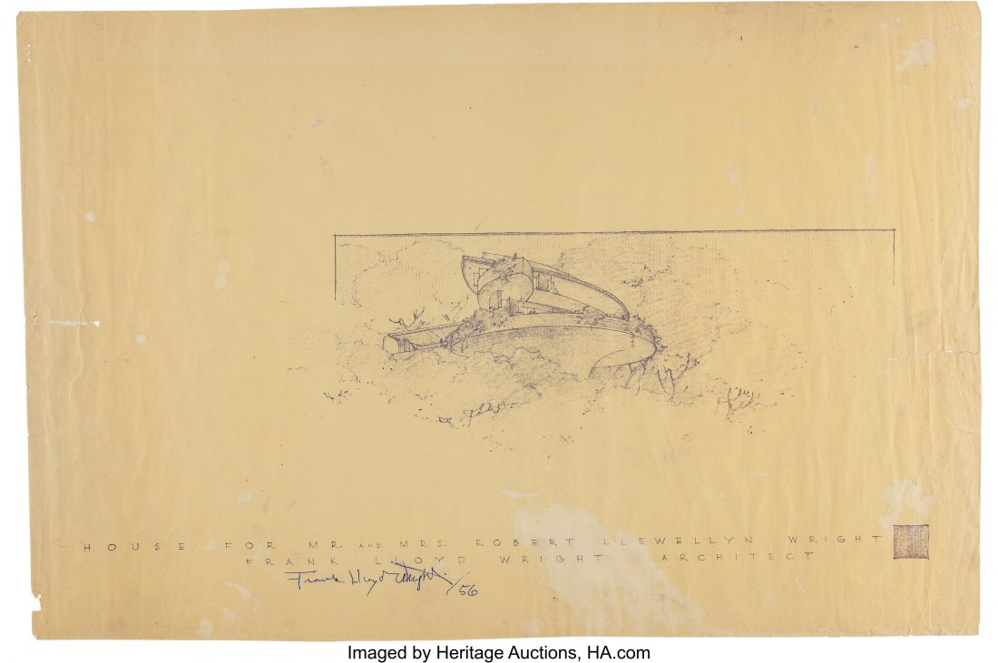 Frank Lloyd Wright (American, 1867-1959) Plan fo: Frank Lloyd Wright (American, 1867-1959) Plan for the Mr. and Mrs. Robert Llewellyn Wright House, Ephemera Folder, and Three Books, circa 1955 Diazotype on paper 18-1/4 x 27-1/8 inches (46.4 x 68.9 cm