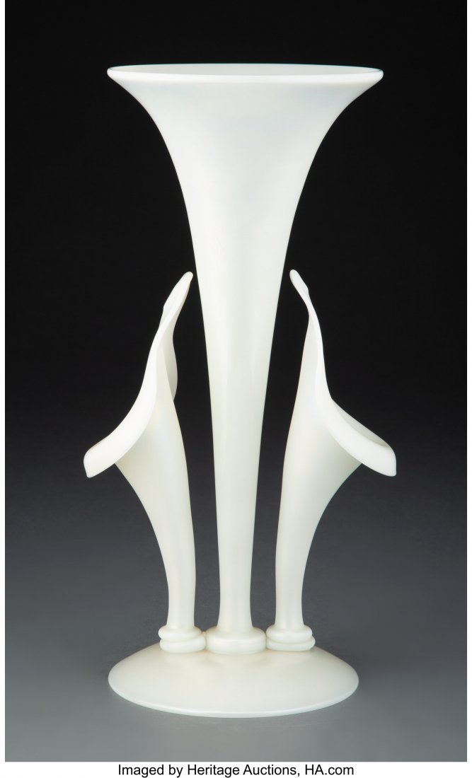 A Steuben Ivrene Glass Tripartite Floriform Vase: A Steuben Ivrene Glass Tripartite Floriform Vase, circa 1930 Marks: (partially effaced) Steuben 12 x 6 x 4-7/8 inches (30.5 x 15.2 x 12.4 cm) HID03101062020 © 2020 Heritage Auctions | All Rights