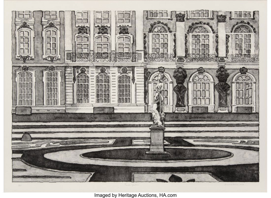 Leonard Lehrer (American, b. 1935) Pushkin Garde: Leonard Lehrer (American, b. 1935) Pushkin Gardens, 1973 Lithograph on paper 19-1/2 x 27-7/8 inches (49.5 x 70.8 cm) (image, sight) Ed. 6/25 Signed, numbered, dated, and titled in pencil along the low