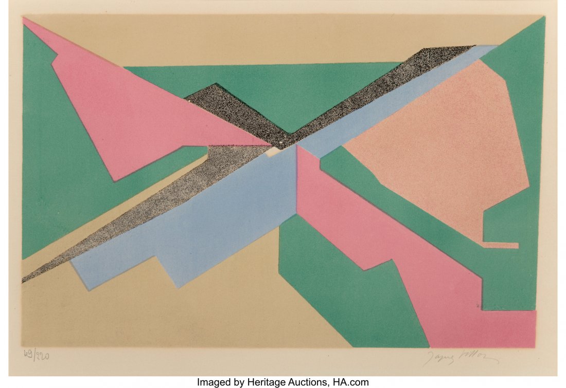 Jacques Villon (French, 1875-1963) Coursier I, 1: Jacques Villon (French, 1875-1963) Coursier I, 1958 Lithograph in colors on Arches paper 11-3/4 x 18 inches (29.8 x 45.7 cm) (image) Ed. 49/220 Signed and numbered in pencil along lower edge HID031010