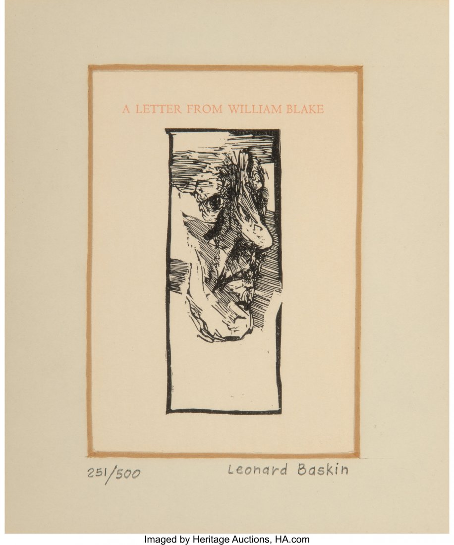 Leonard Baskin (American, 1922-2000) A Letter fr: Leonard Baskin (American, 1922-2000) A Letter from William Blake, circa 1965 Wood engraving on wove paper 3-1/2 x 1-1/2 inches (8.9 x 3.8 cm) (image) Ed. 251/500 Signed and numbered in pencil along lo