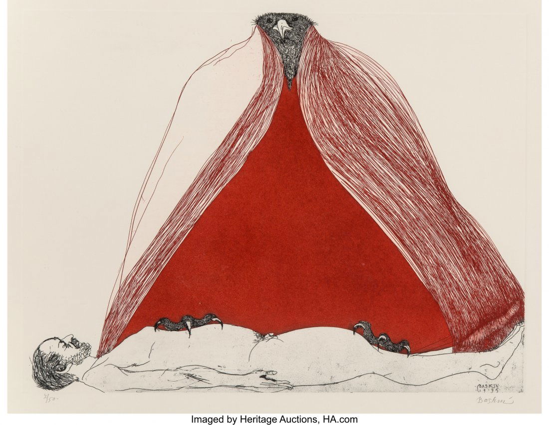 Leonard Baskin (American, 1922-2000) Birdman's C: Leonard Baskin (American, 1922-2000) Birdman's Claim, 1995 Etching in colors on paper 19-1/4 x 25-1/4 inches (48.9 x 64.1 cm) (image) Ed. 2/50 Signed and numbered in pencil along lower edge PROPERTY F