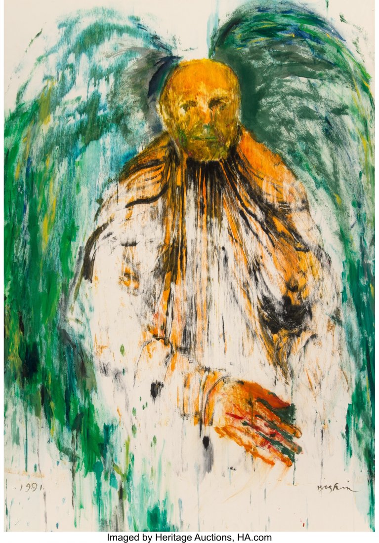 Leonard Baskin (American, 1922-2000) Self Portra: Leonard Baskin (American, 1922-2000) Self Portrait as Winged Angel, 1991 Mixed media on paper 59 x 41 inches (149.9 x 104.1 cm) (sight) Signed and dated lower edge: 1991 / Baskin PROPERTY FROM THE JOA