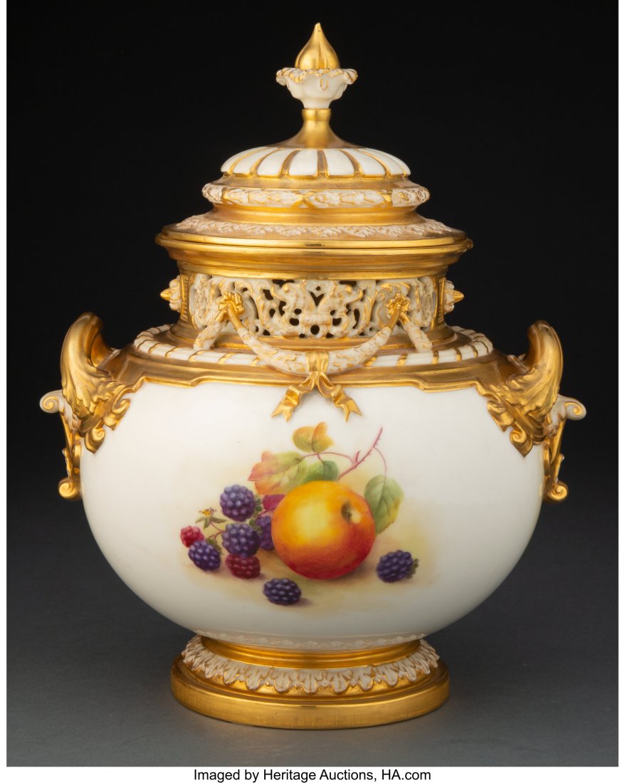 A Royal Worcester Partial Gilt Porcelain Covered: A Royal Worcester Partial Gilt Porcelain Covered Urn Decorated by Horace H. Price, designed 18889, manufactured 1939 Marks: (crown-quaruple W-crescent-51), ROYAL WORCESTER, (three rings-seven dots), M