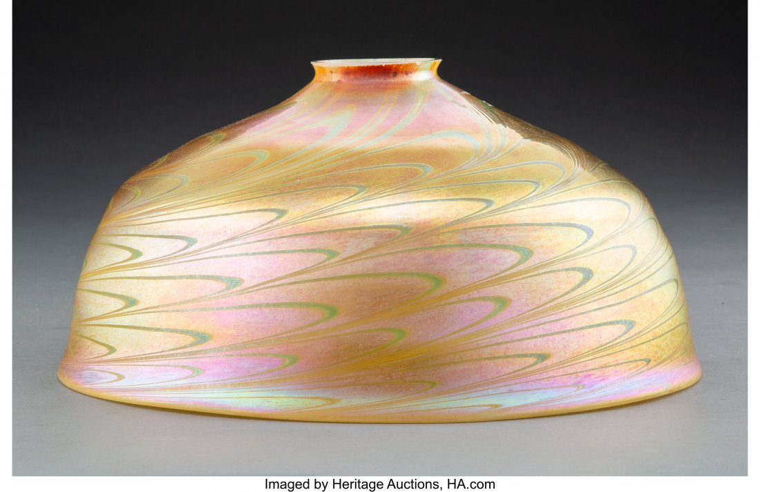 Tiffany Studios Damascene Favrile Glass Lamp Sha: Tiffany Studios Damascene Favrile Glass Lamp Shade, circa 1910 Marks: LCT, 00134 4-7/8 x 11 inches (12.3 x 27.9 cm) HID03101062020 © 2020 Heritage Auctions | All Rights Reserved