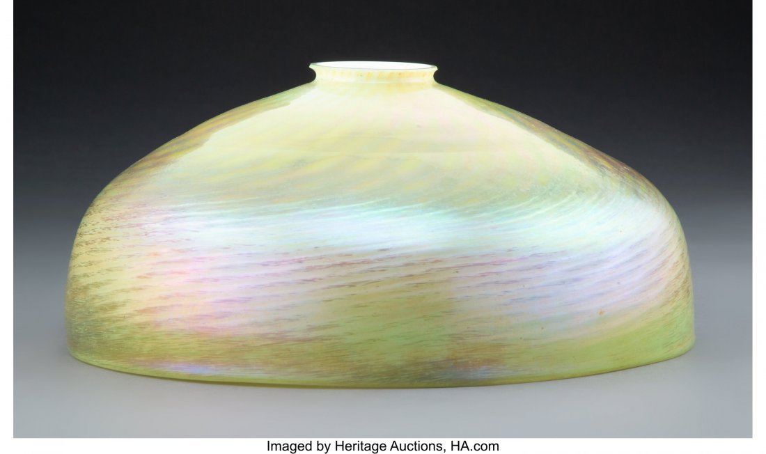 Tiffany Studios Damascene Favrile Glass Lamp Sha: Tiffany Studios Damascene Favrile Glass Lamp Shade, circa 1910 Marks: LCT, (effaced numbers) 4-7/8 x 11 inches (12.3 x 27.9 cm) HID03101062020 © 2020 Heritage Auctions | All Rights Reserved