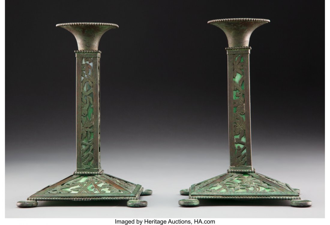Pair of Riviere Studios Metal and Glass Candlest: Pair of Riviere Studios Metal and Glass Candlesticks, early 20th century 7-1/2 x 5-1/4 x 5-1/4 inches (19.1 x 13.3 x 13.3 cm) (each) HID03101062020 © 2020 Heritage Auctions | All Rights Reserved