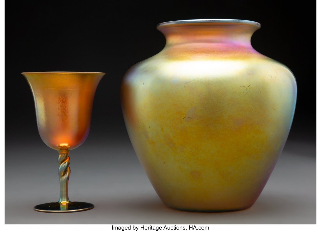 Steuben Gold Aurene Glass Vase and Goblet, early: Steuben Gold Aurene Glass Vase and Goblet, early 20th century Marks to vase: STEUBEN Marks to goblet: aurene, 2361 8-1/2 inches (21.6 cm) (tallest, vase) HID03101062020 © 2020 Heritage Auctions |