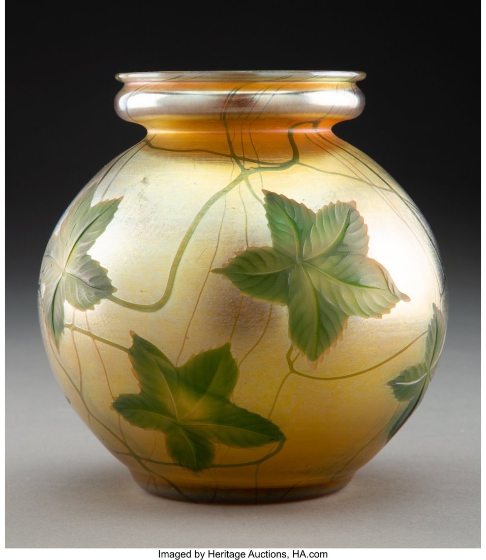 Tiffany Studios Favrile Glass with Wheel-Carved : Tiffany Studios Favrile Glass with Wheel-Carved Leaf and Vine Decoration, circa 1910 Marks: 2450 J, L.C. Tiffany-Favrile 6-3/8 inches (16.2 cm) HID03101062020 © 2020 Heritage Auctions | All Right