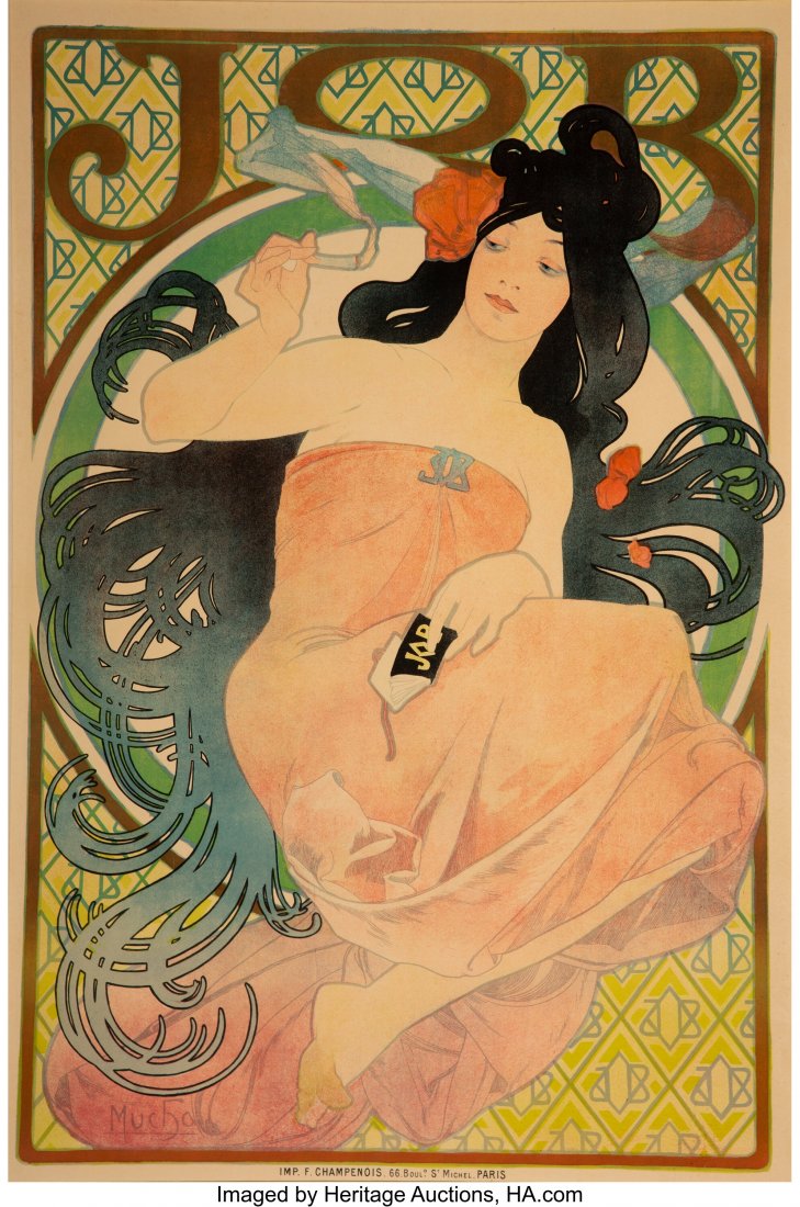 Alphonse Mucha (Czech, 1860-1939) JOB, 1898 Lith: Alphonse Mucha (Czech, 1860-1939) JOB, 1898 Lithograph in colors on paper 62 x 39-1/4 inches (157.5 x 99.7 cm) Published by F. Champenois, Paris 'JOB' is a trademark for the Joseph Bardou Company, man