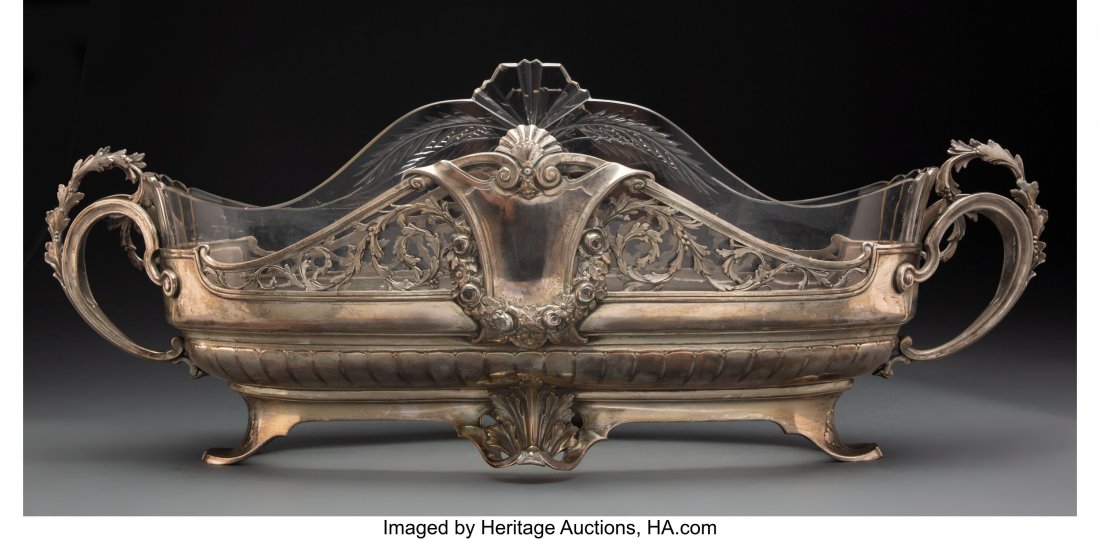 German Silver-Plated Metal Centerpiece with Glas: German Silver-Plated Metal Centerpiece with Glass Insert, circa 1905 Marks: ORFEBRERIA ANEZIN, 38, (eagle) 9-3/8 x 24-1/2 x 9 inches (23.8 x 62.2 x 22.9 cm) VALERIO COLLECTION HID03101062020 © 20