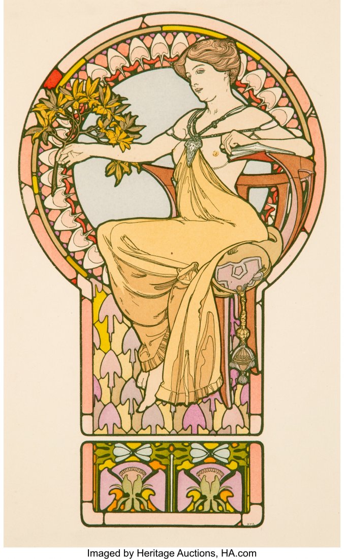 Alphonse Mucha (Czech, 1860-1939) Seated Woman,: Alphonse Mucha (Czech, 1860-1939) Seated Woman, plate no. 48 from Documents Décoratifs, 1901 Lithograph in colors on paper 14-1/4 x 9 inches (36.2 x 22.9 cm) HID03101062020 © 2020 Heritage
