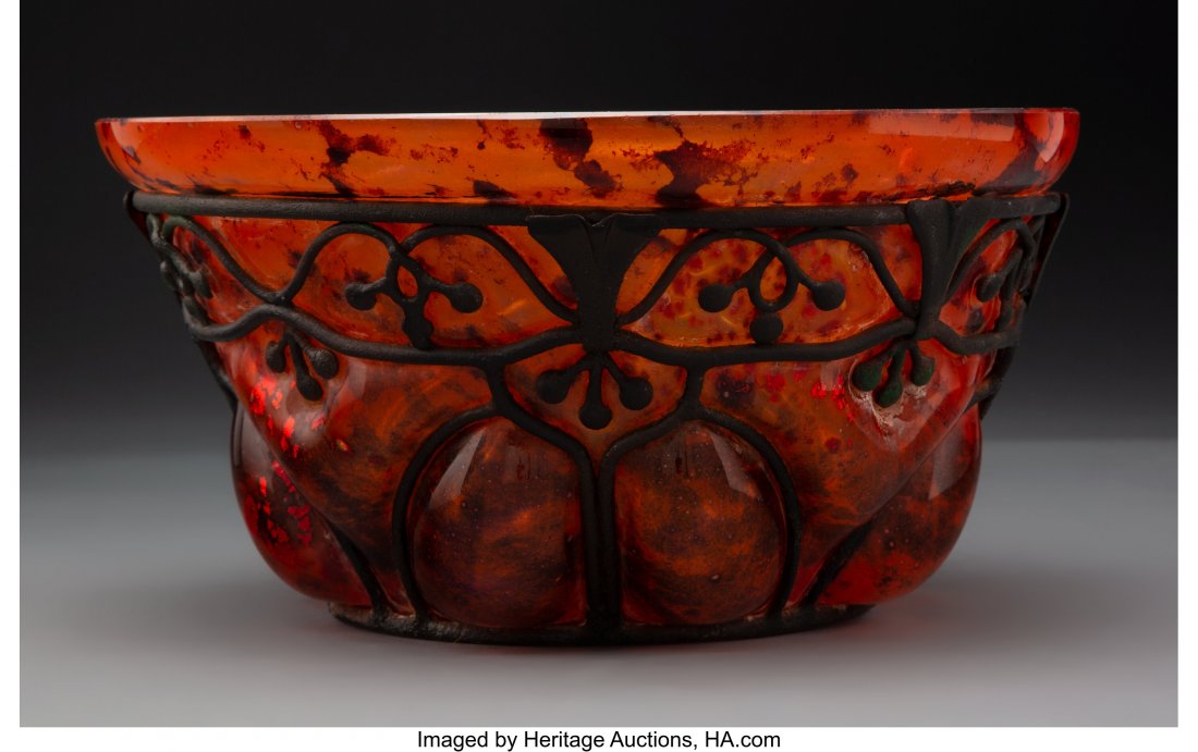 Daum Glass Bowl with Louis Majorelle Iron Mount,: Daum Glass Bowl with Louis Majorelle Iron Mount, circa 1930 Marks: L. Majorelle, Daum, (Cross of Lorraine), Nancy 5-1/2 inches (14.0 cm) VALERIO COLLECTION HID03101062020 © 2020 Heritage Auctions