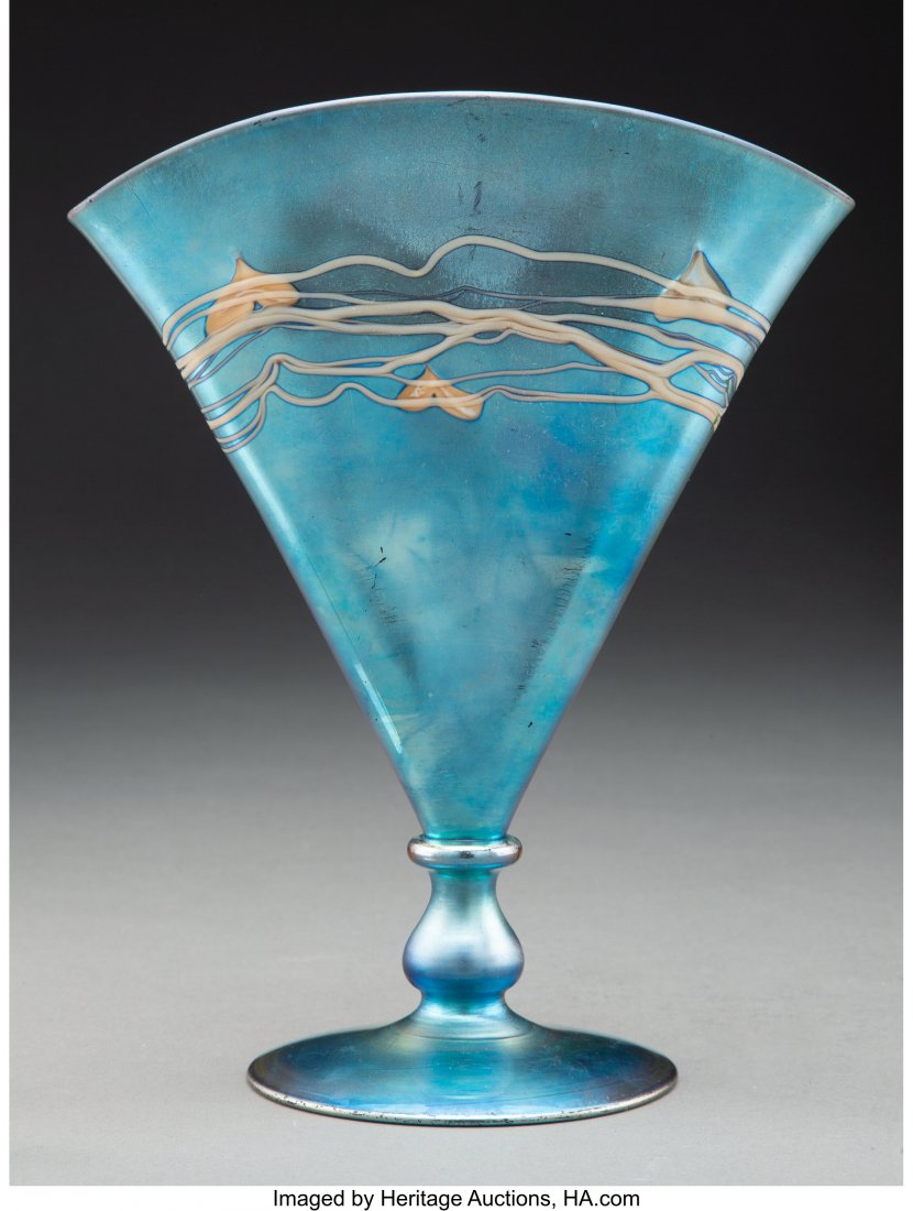 Steuben Blue Aurene Glass Fan Vase, early 20th c: Steuben Blue Aurene Glass Fan Vase, early 20th century Marks: STEUBEN, aurene, 6297 9-1/4 inches (23.5 cm) HID03101062020 © 2020 Heritage Auctions | All Rights Reserved